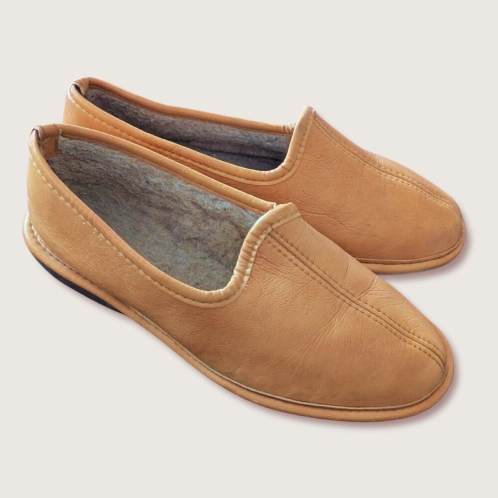 Vintage 70s Faux Leather Slippers | Faux Sherpa Lined